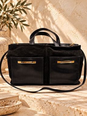 Vintage RODO Italy Black Suede Leather Satchel Shoulder Bag Gold Hardware